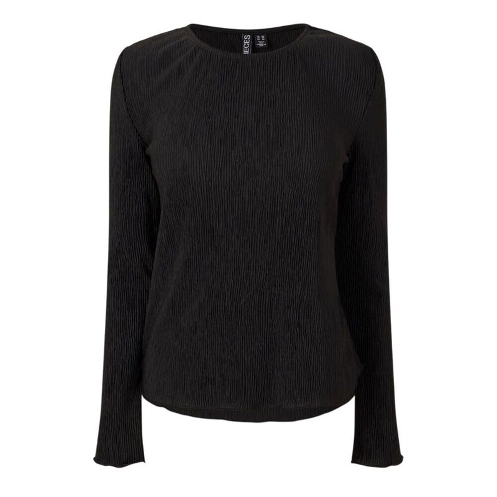 Pieces Womens/Ladies Crew Neck Relaxed Fit Long-Sleeved Blouse / Black